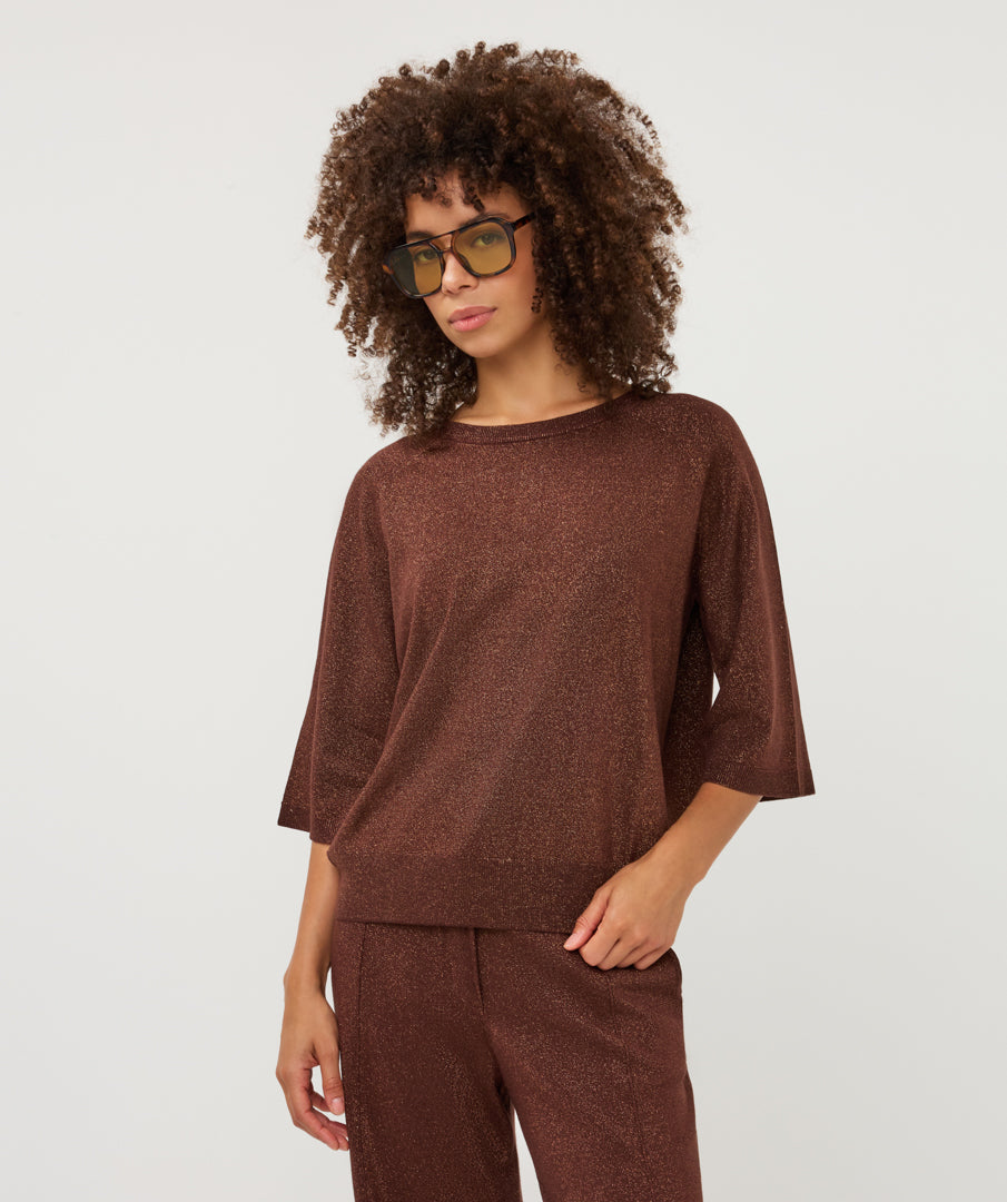 Esqualo trui driekwart mouw bruin met glitter model Raglan sweater coffee lurex