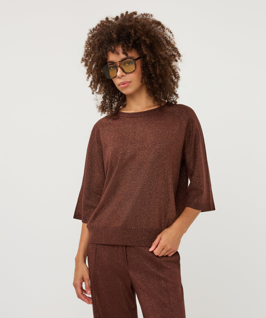 Esqualo trui driekwart mouw bruin met glitter model Raglan sweater coffee lurex