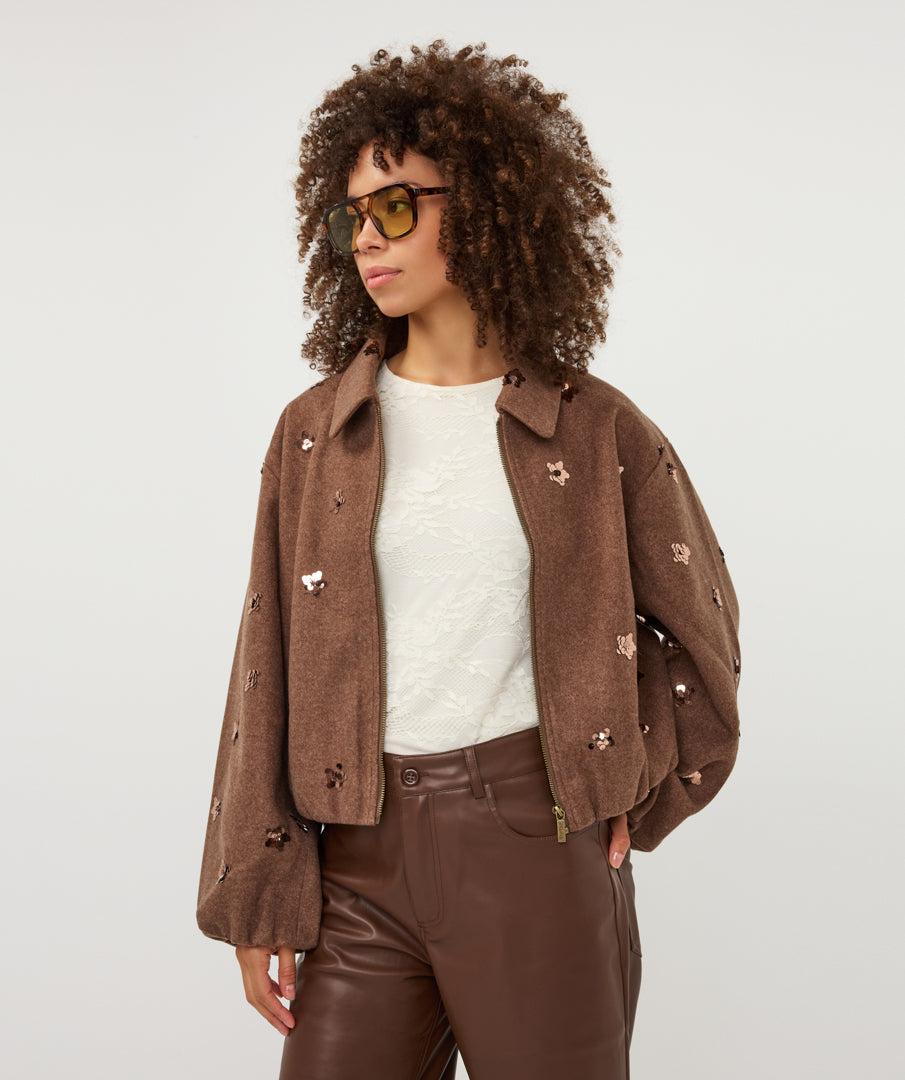 Esqualo short wool jacket met pailletten camel 