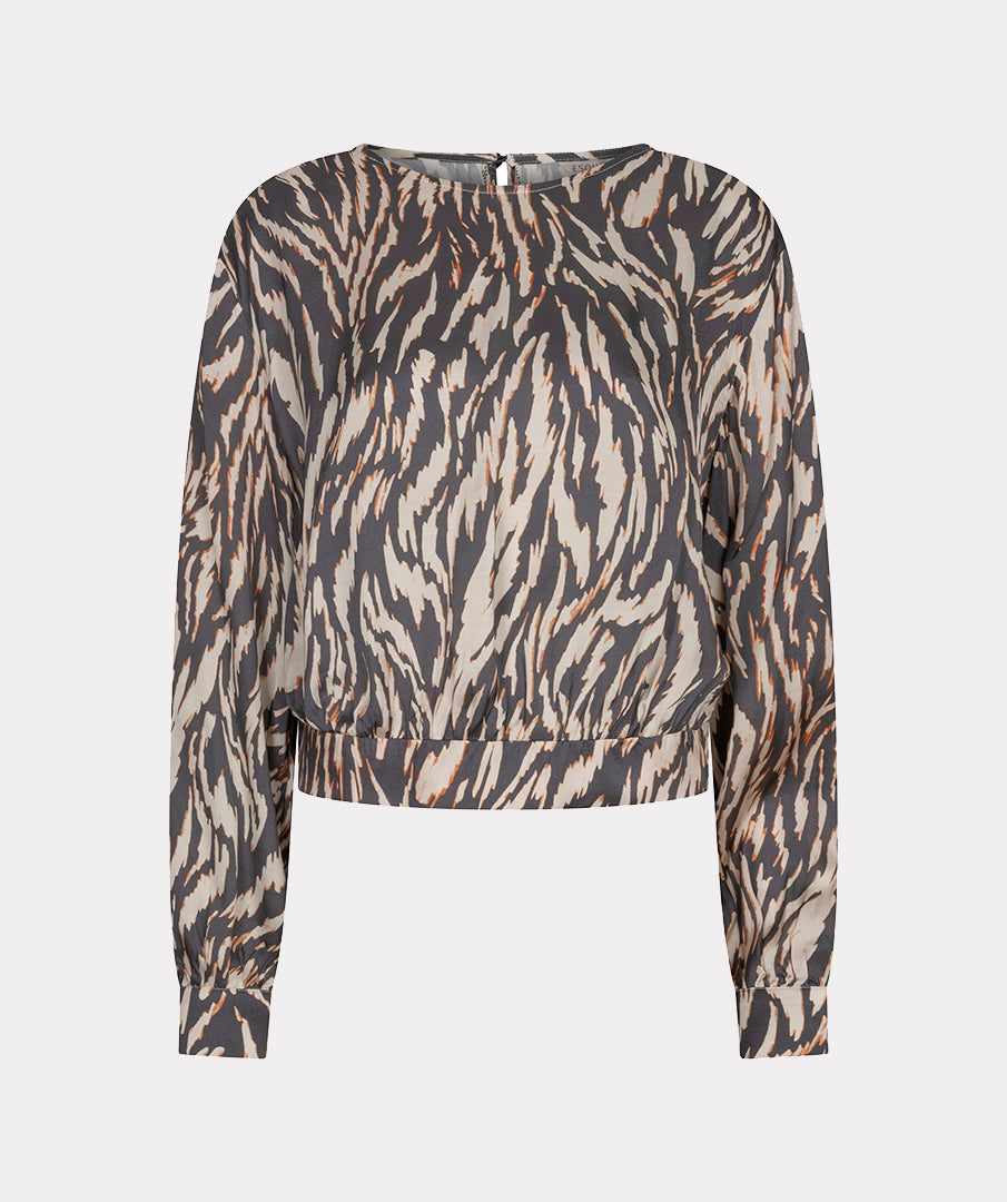 Esqualo blouse zebra print zwart beige met oranje detail