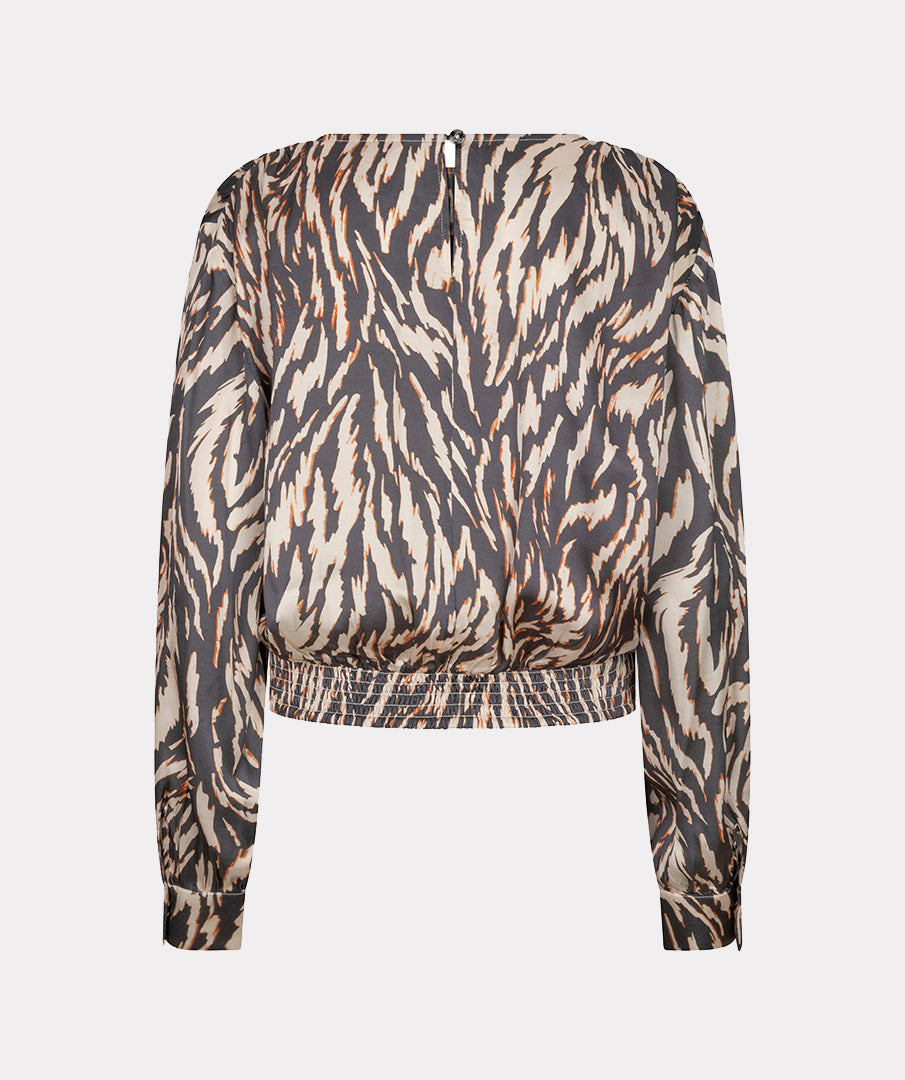 Esqualo blouse zebra print zwart beige met oranje detail