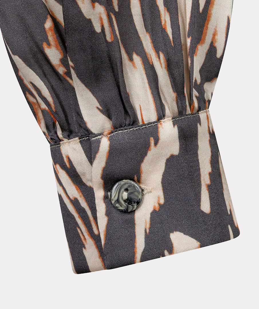 Esqualo blouse zebra print zwart beige met oranje detail