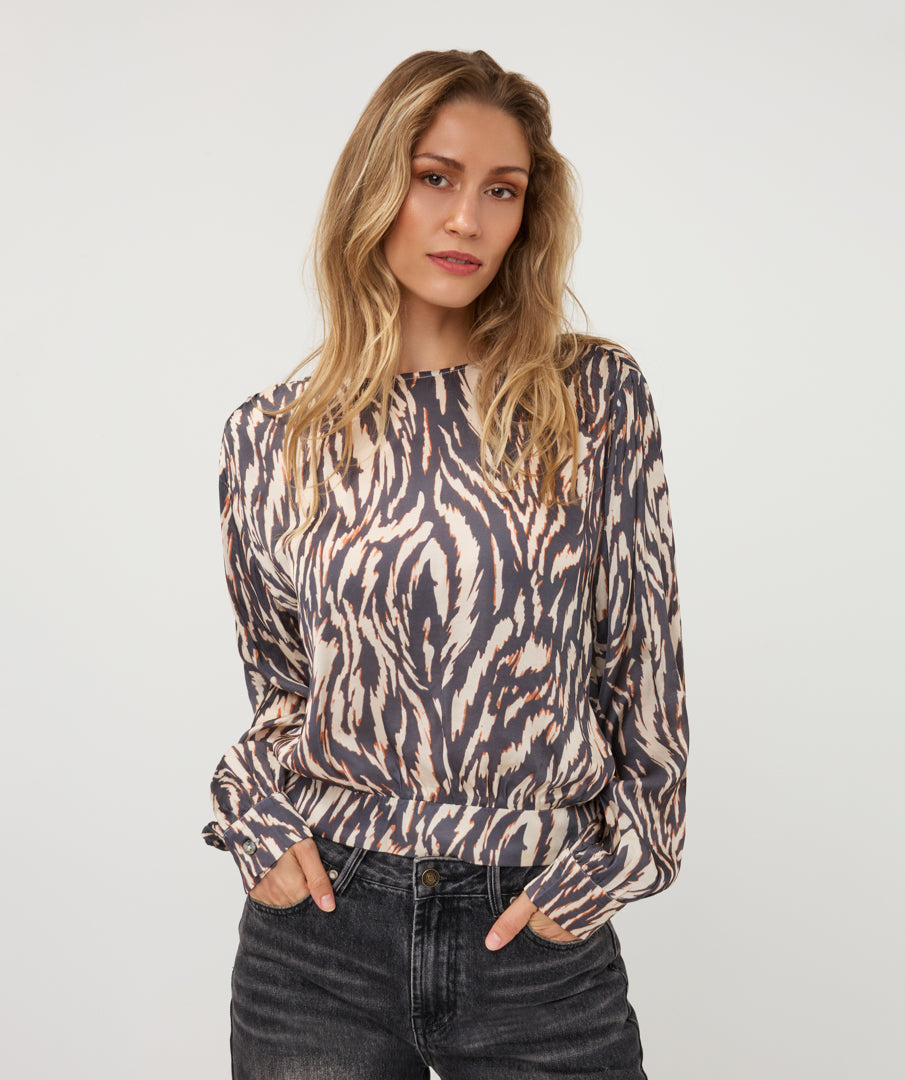 Esqualo blouse zebra print zwart beige met oranje detail