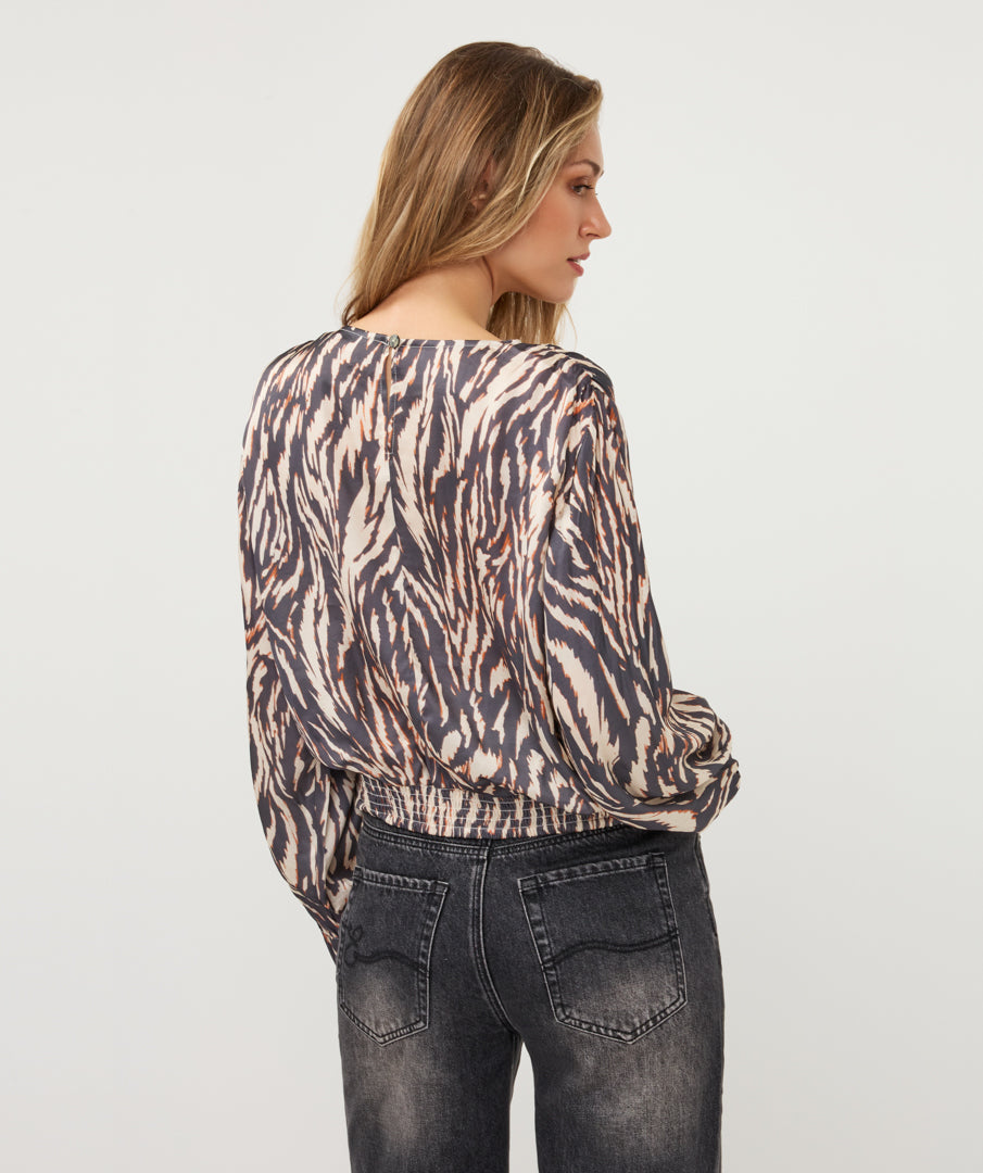 Esqualo blouse zebra print zwart beige met oranje detail