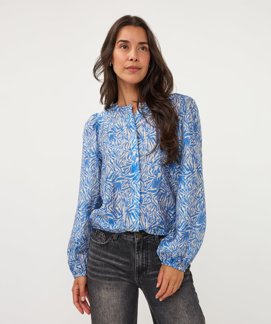 Esqualo blous blauw met off white print en glitter