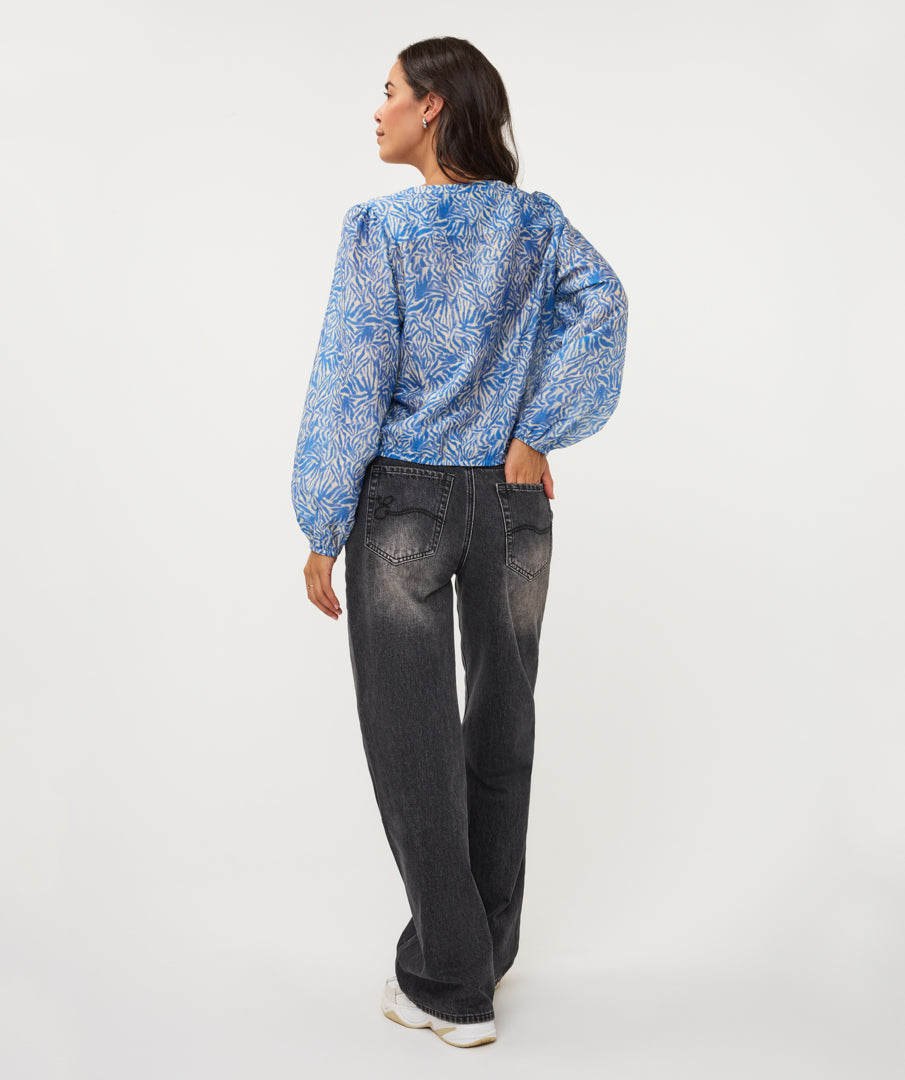 Esqualo blous blauw met off white print en glitter