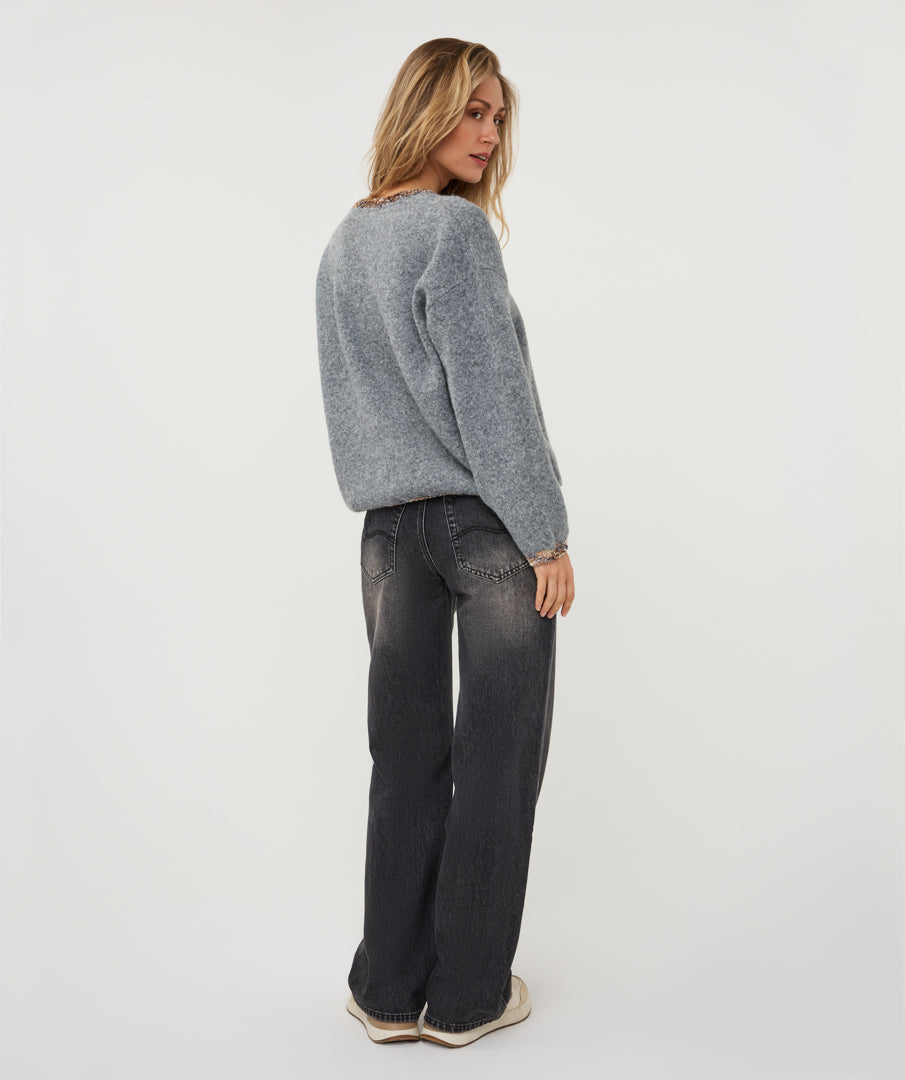Esqualo trui grijs met bruin grijze chenille afwerking Grey Melange