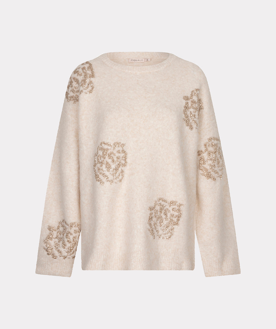 Esqualo beige trui met goud borduusel en pailetten rozen print model Sweater sequin flowers vanilla