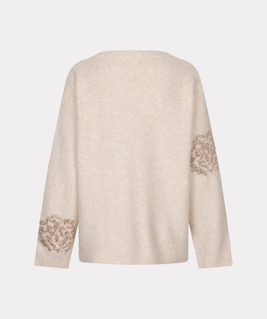 Esqualo beige trui met goud borduusel en pailetten rozen print model Sweater sequin flowers vanilla