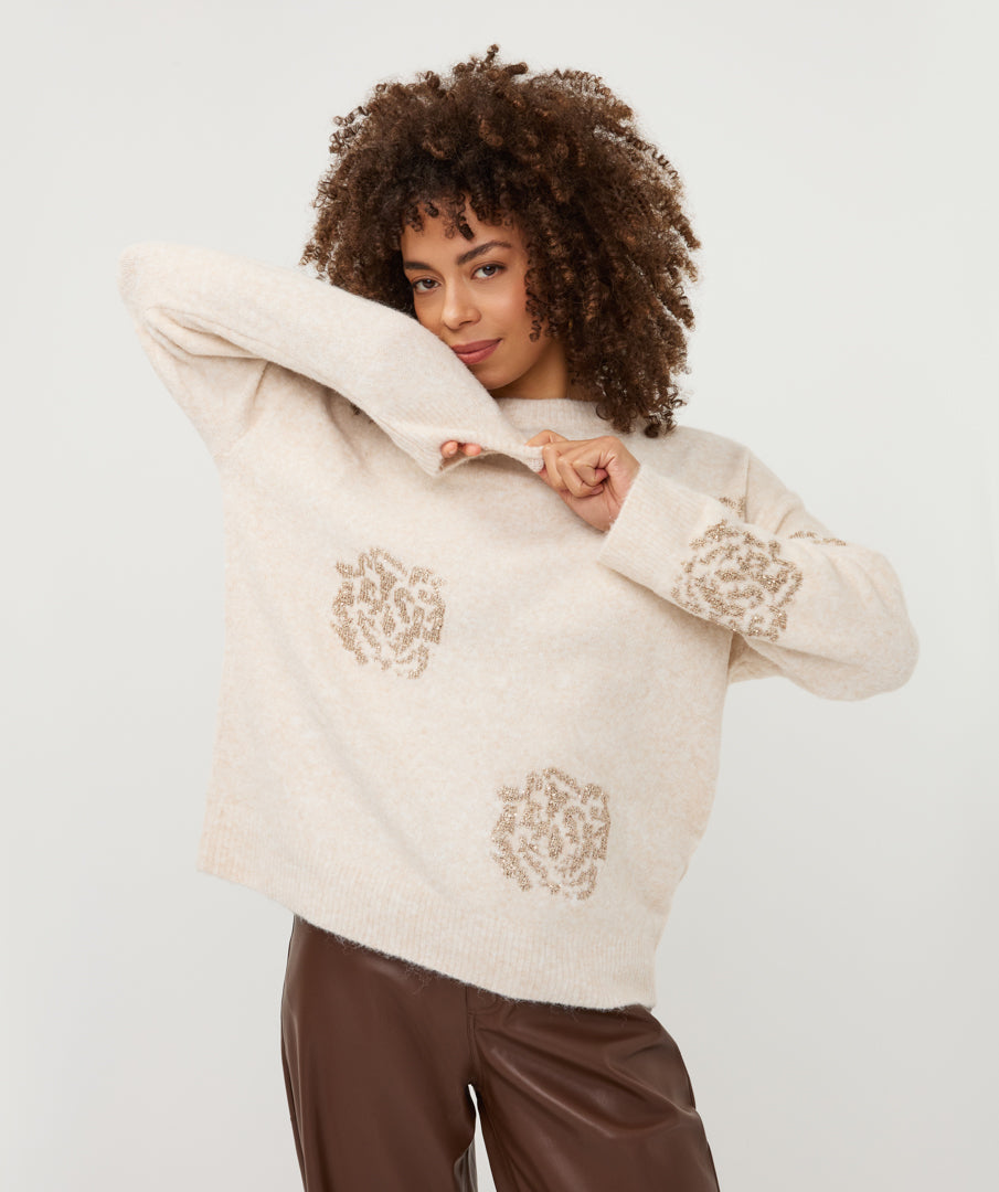 Esqualo beige trui met goud borduusel en pailetten rozen print model Sweater sequin flowers vanilla