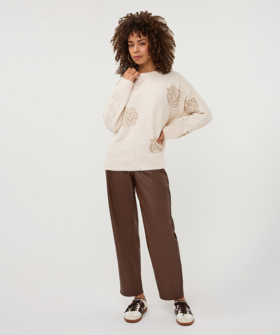 Esqualo beige trui met goud borduusel en pailletten rozen print model Sweater sequin flowers vanilla