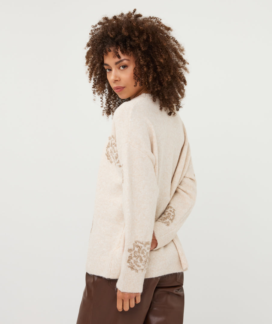 Esqualo beige trui met goud borduusel en pailetten rozen print model Sweater sequin flowers vanilla
