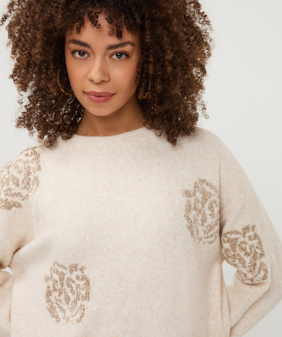 Esqualo beige trui met goud borduusel en pailletten rozen print model Sweater sequin flowers vanilla