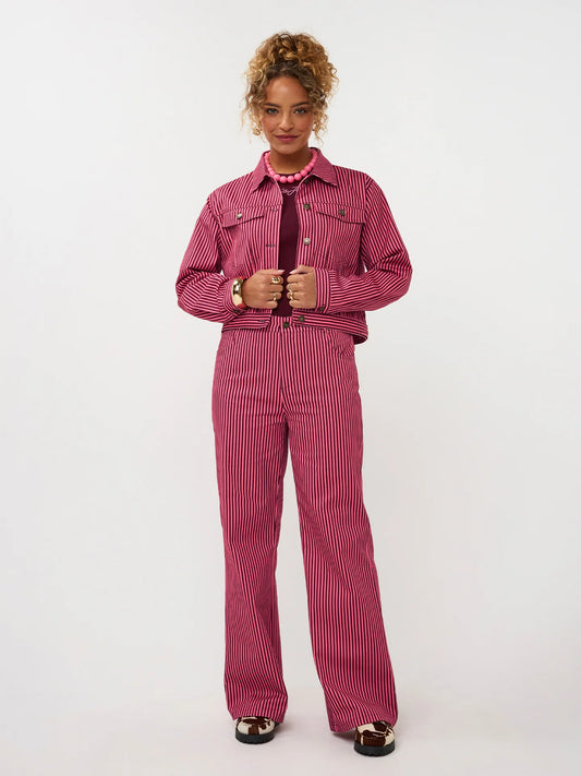 Ydence broek roze met bordeaux gestreept model Pants Djamilla Coral Pink Burgundy