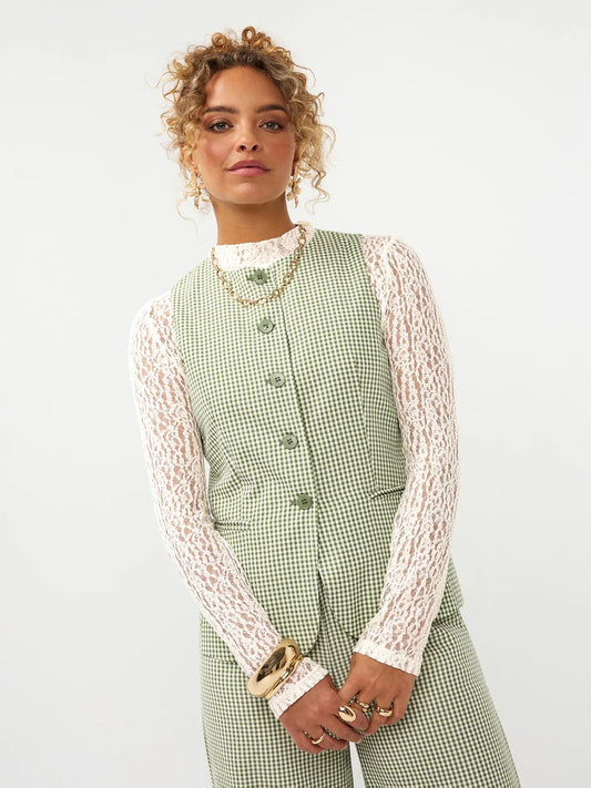 Ydence gilet geruit groen met offwhite check model Jette green