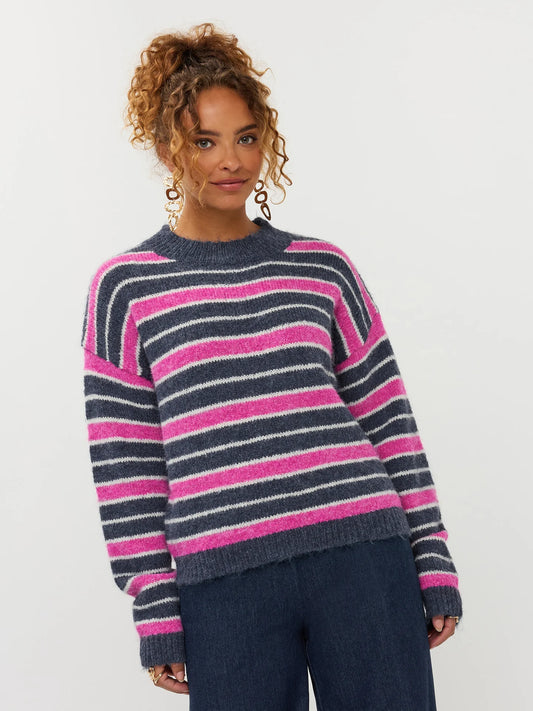 Ydence trui roze blauw gestreept model Knitted sweater aria navy fuchsia