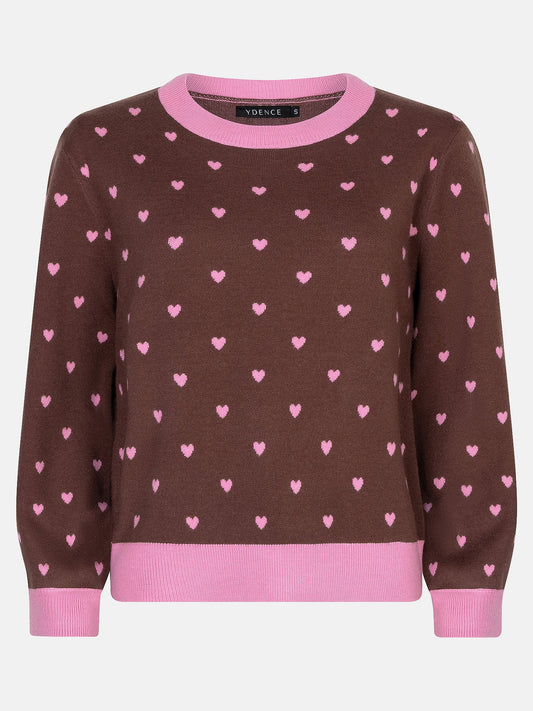 Ydence trui roze met bruin hartjes print model Emily knitted sweater brown/pink