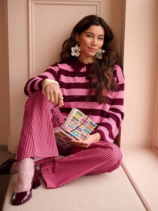 Ydence polo trui gestreept bordeaux roze model Knitted Top Agnes burgundy/coral pink