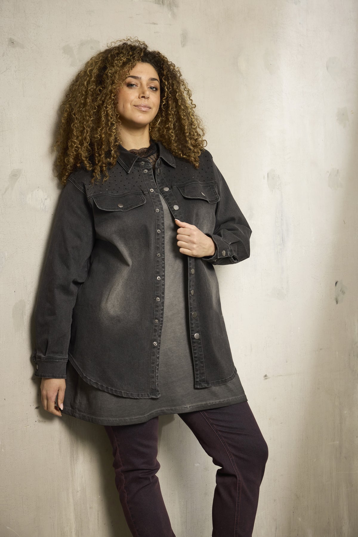 Zhenzi denim jacket blouse grijs met strass model Suna shirt 