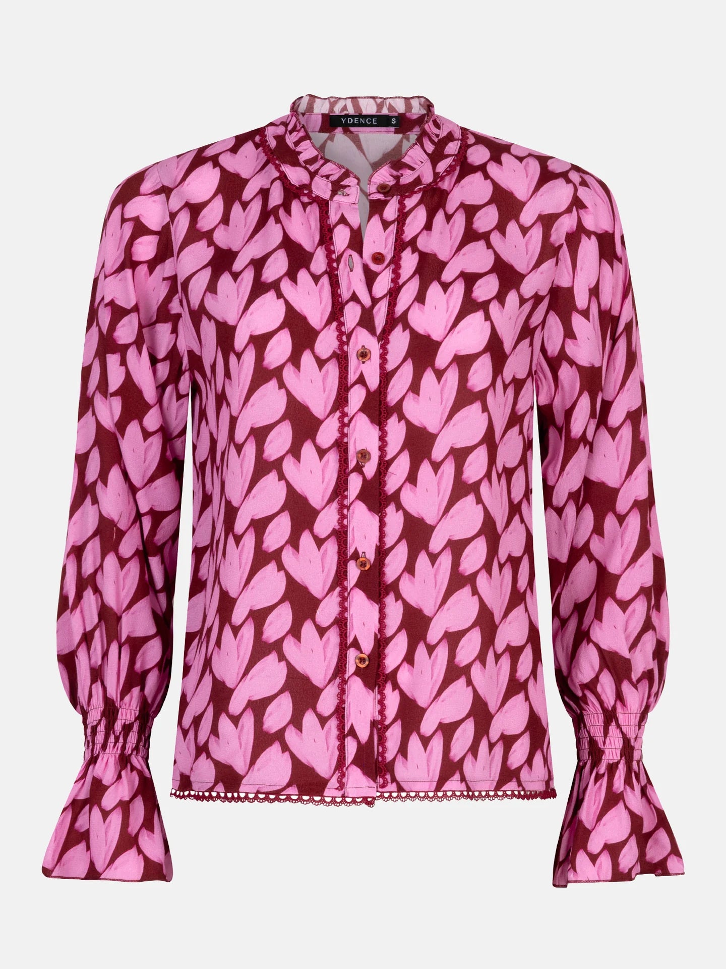 Ydence blouse bordeaux met roze print model Francesca pink flower 