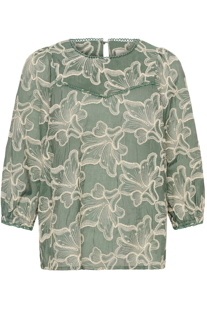 Cream blouse groen met beige bloemen borduursel CRtorli mulled basil