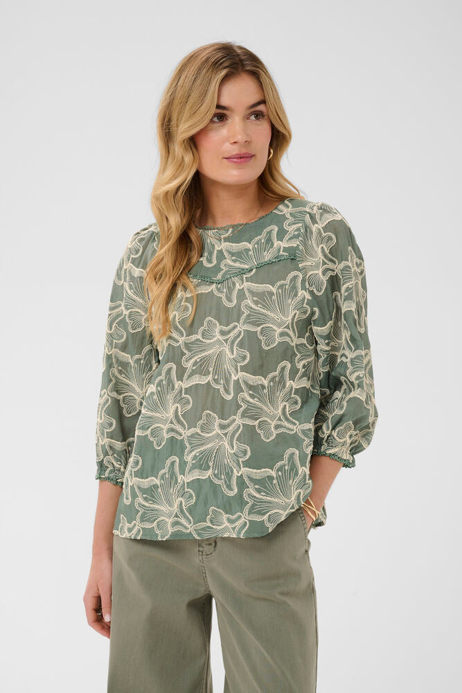 Cream blouse groen met beige bloemen borduursel CRtorli mulled basil