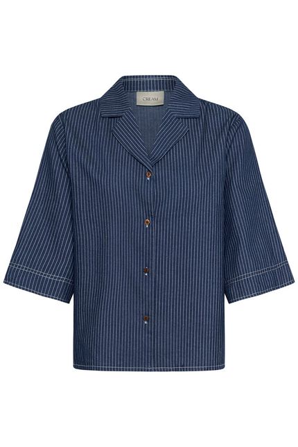Cream blouse denim shirt donker blauw navy pinstripe CRagate boxy fit rossland