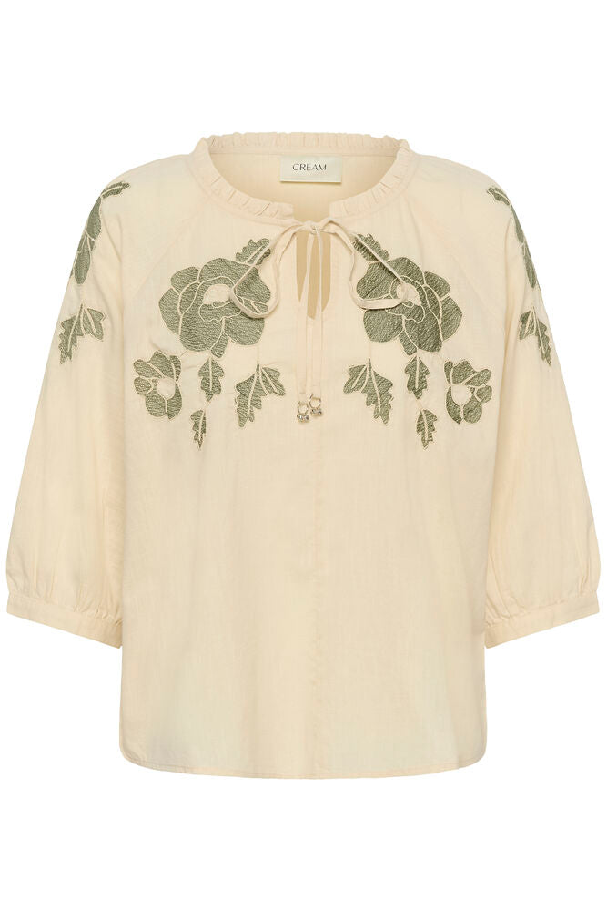 Cream blouse zand kleur met groen bloemen detail CRzosa bleached sand