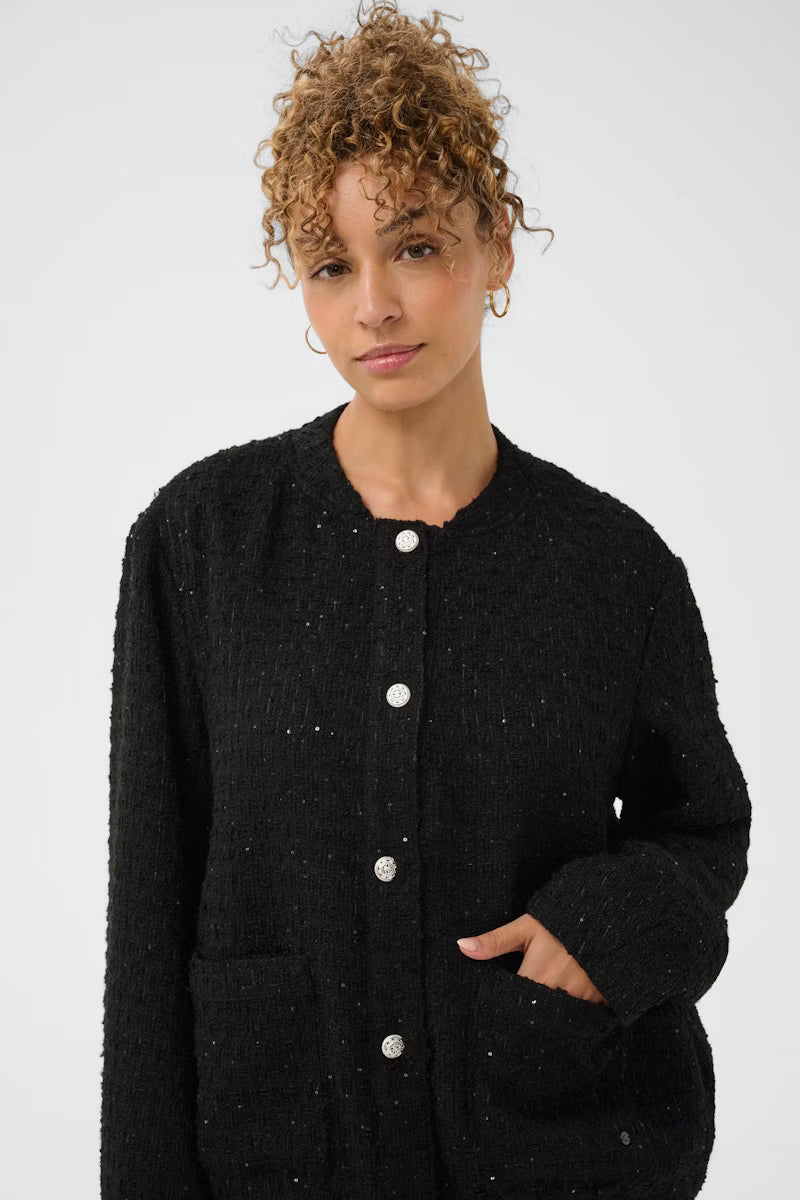 Cream jasje zwart tweed met pailetten detail model CRcracker jacket pitch black