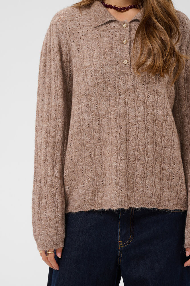 Cream trui beige met strass knoopjes model CRjuna pullover polo Dark Oat melange