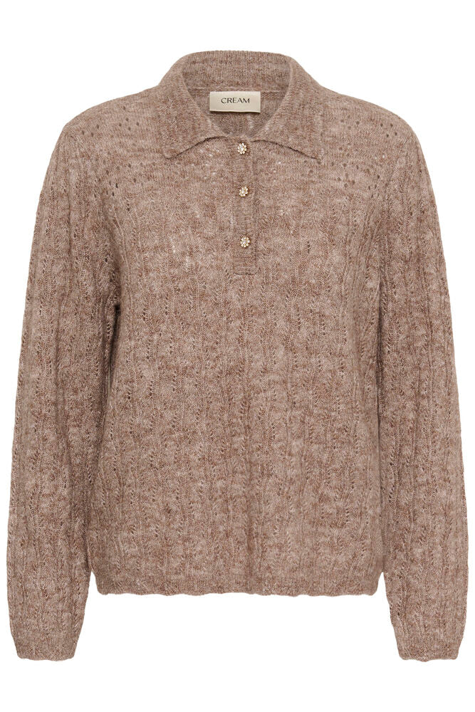 Cream trui beige met strass knoopjes model CRjuna pullover polo Dark Oat melange