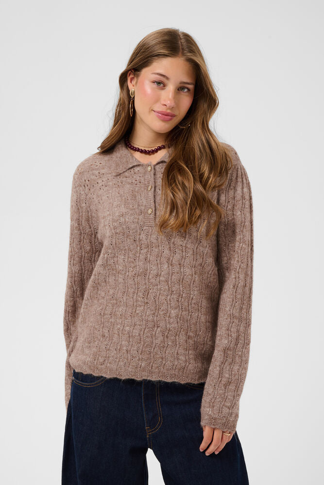 Cream trui beige met strass knoopjes model CRjuna pullover polo Dark Oat melange