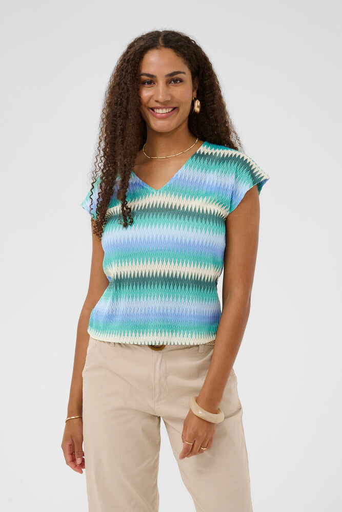Cream top blauwe print model CRdelfina zig zag missoni