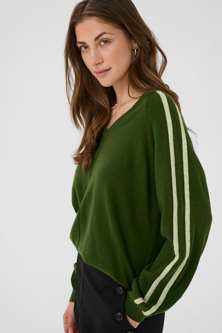 Cream trui groen met streep model CRanva stripe pullover rifle green