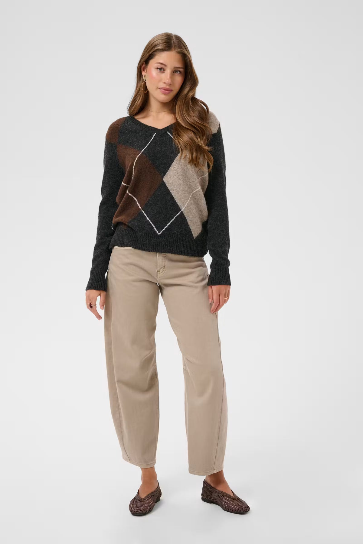 Cream trui zwart met bruine argyle print model CRhope knit pullover pitch black