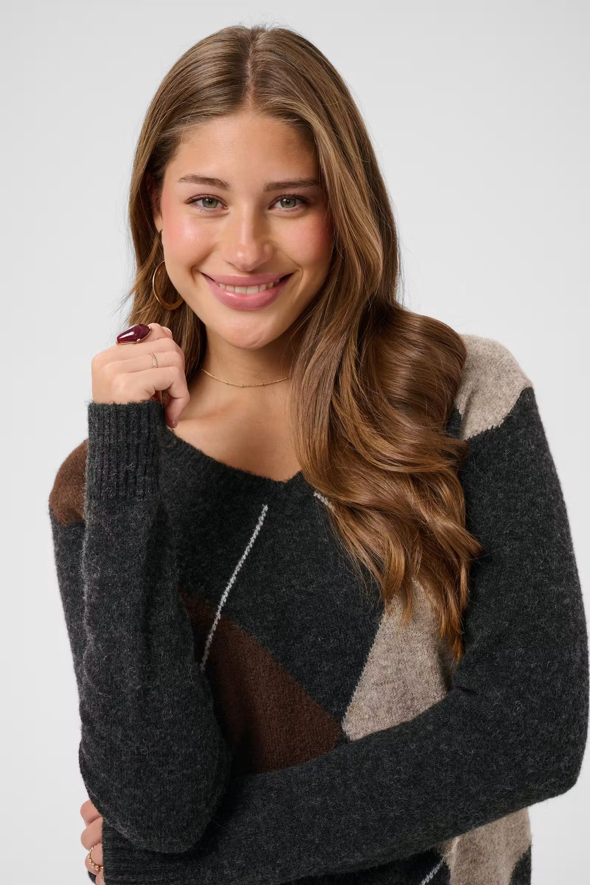 Cream trui zwart met bruine argyle print model CRhope knit pullover pitch black