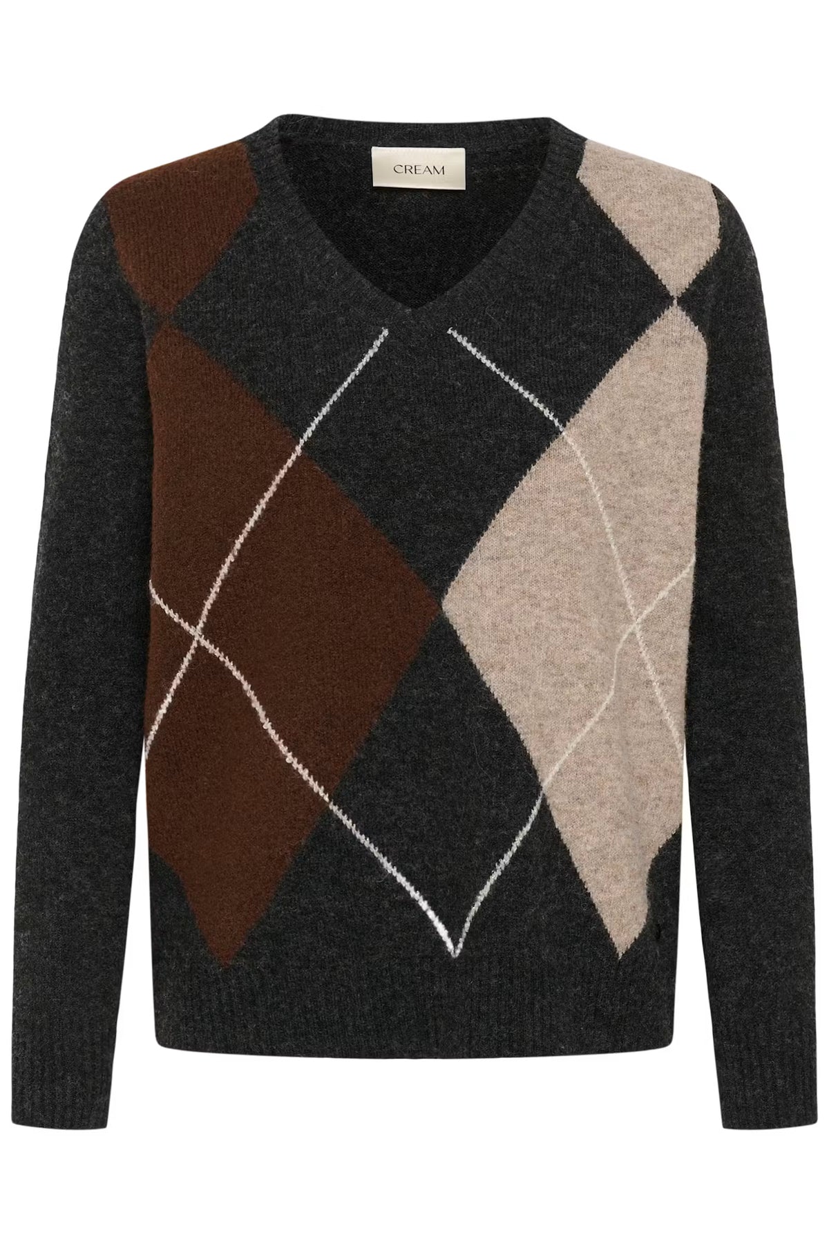 Cream trui zwart met bruine argyle print model CRhope knit pullover pitch black