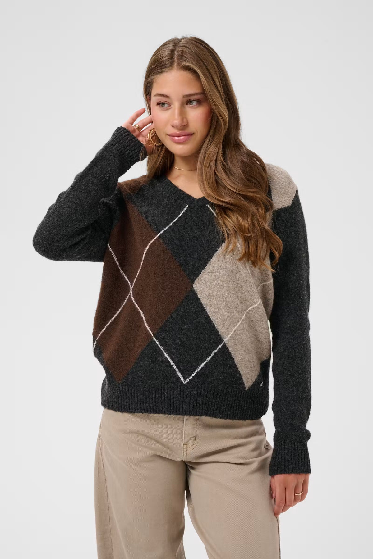 Cream trui zwart met bruine argyle print model CRhope knit pullover pitch black