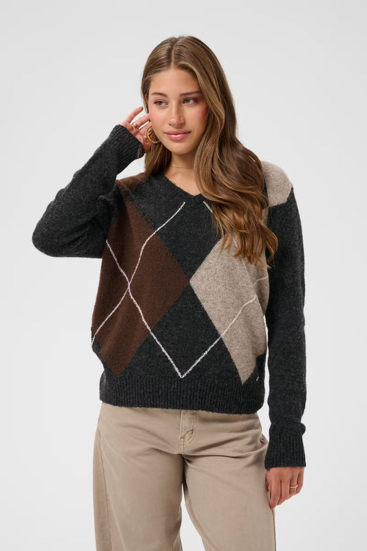 Cream trui zwart met bruine argyle print model CRhope knit pullover pitch black