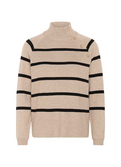 Cream trui beige met zwart gestreept CRdela button pullover cobbelstone melange stripe