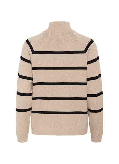 Cream trui beige met zwart gestreept CRdela button pullover cobbelstone melange stripe