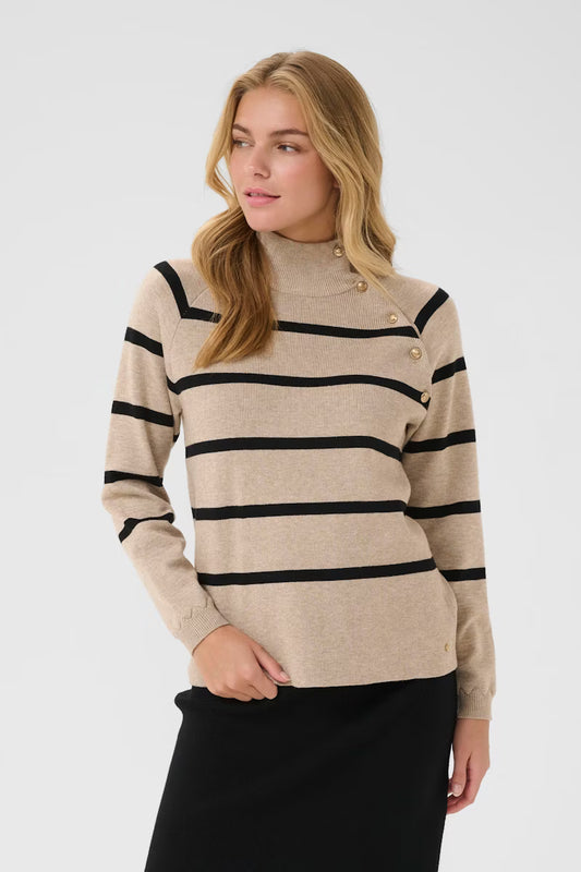 Cream trui beige met zwart gestreept CRdela button pullover cobbelstone melange stripe