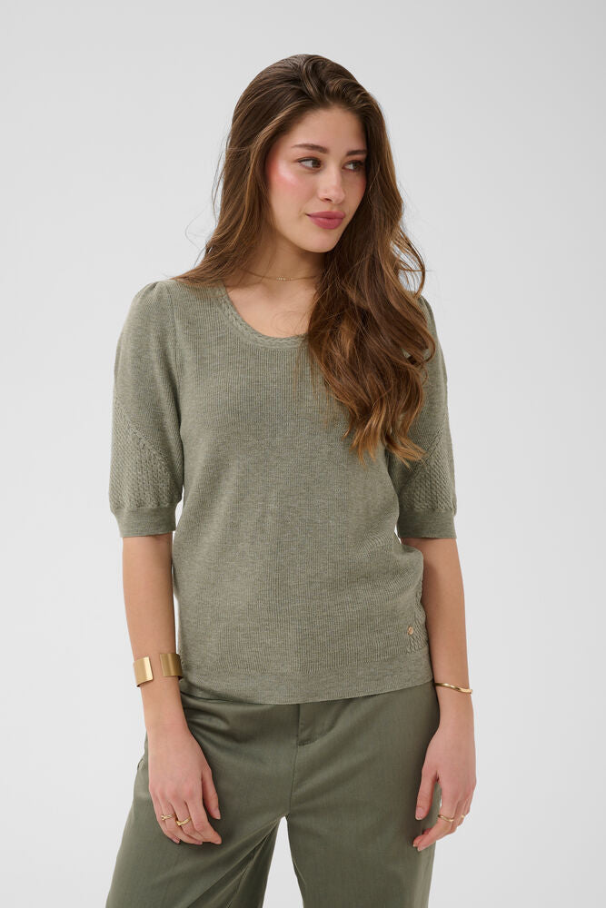 Cream trui met korte mouw groen model CRdela knit blouse Mulled basil melange