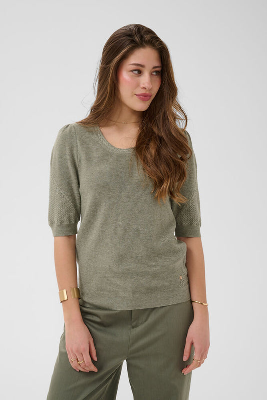Cream trui met korte mouw groen model CRdela knit blouse Mulled basil melange