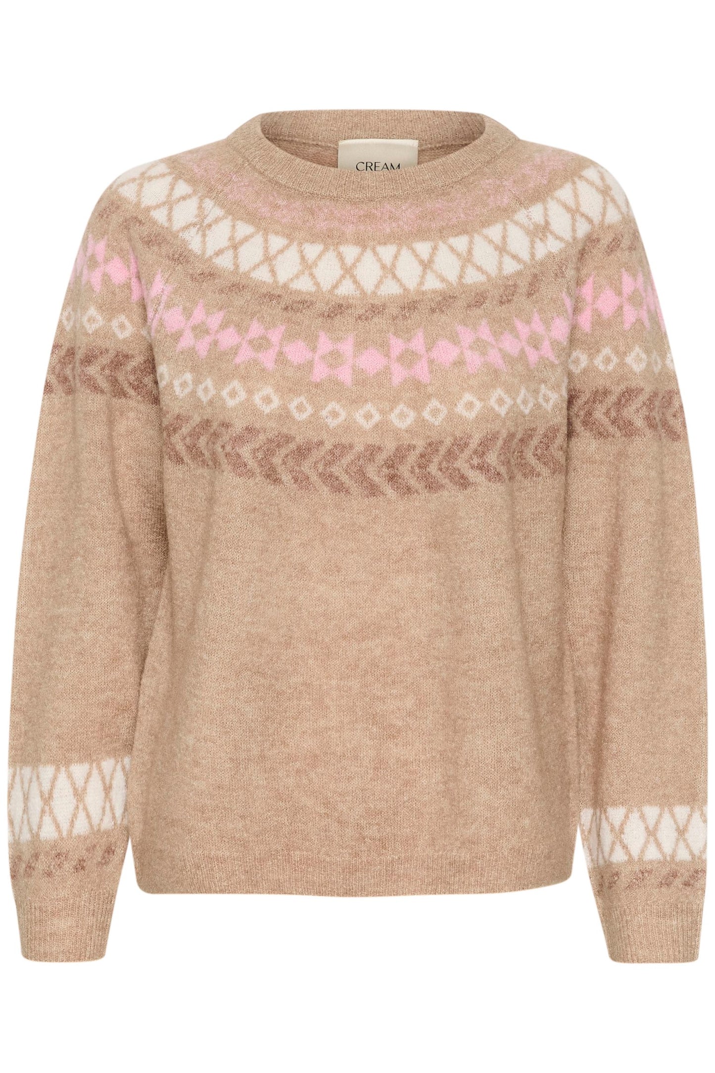 Cream trui beige met roze noorse print model Cherrie pullover Portabella Melange jaquard