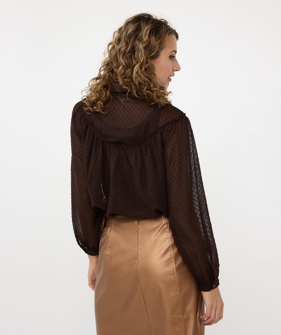 Esqualo blouse donkerbruin plumetis smock met subtiel lurex draadje