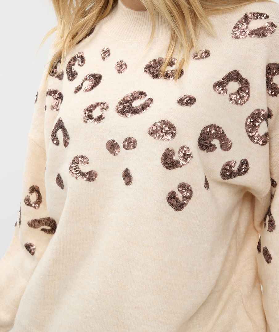 Esqualo trui beige met animal pailletten sequins sweater