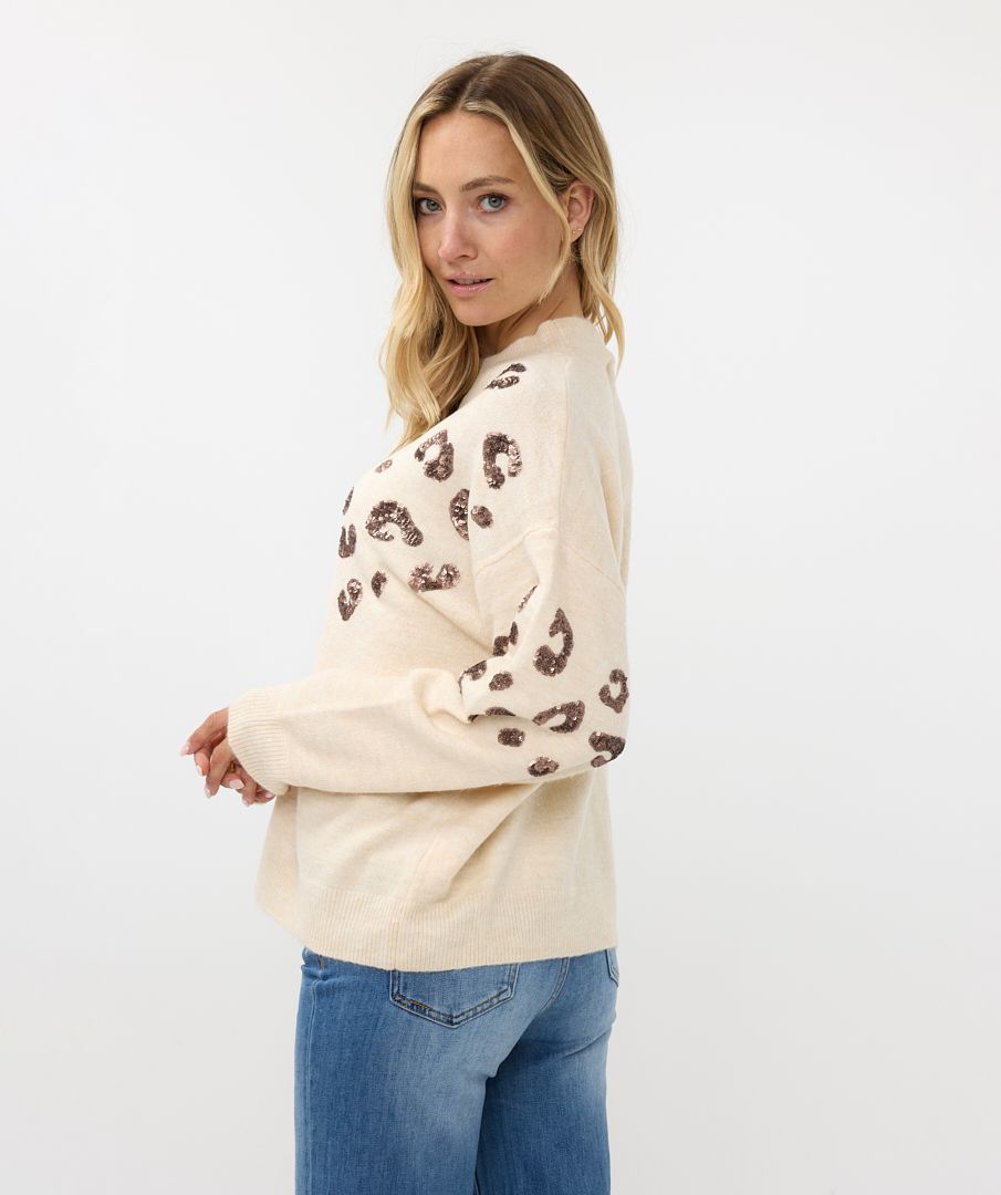 Esqualo trui beige met animal pailletten sequins sweater