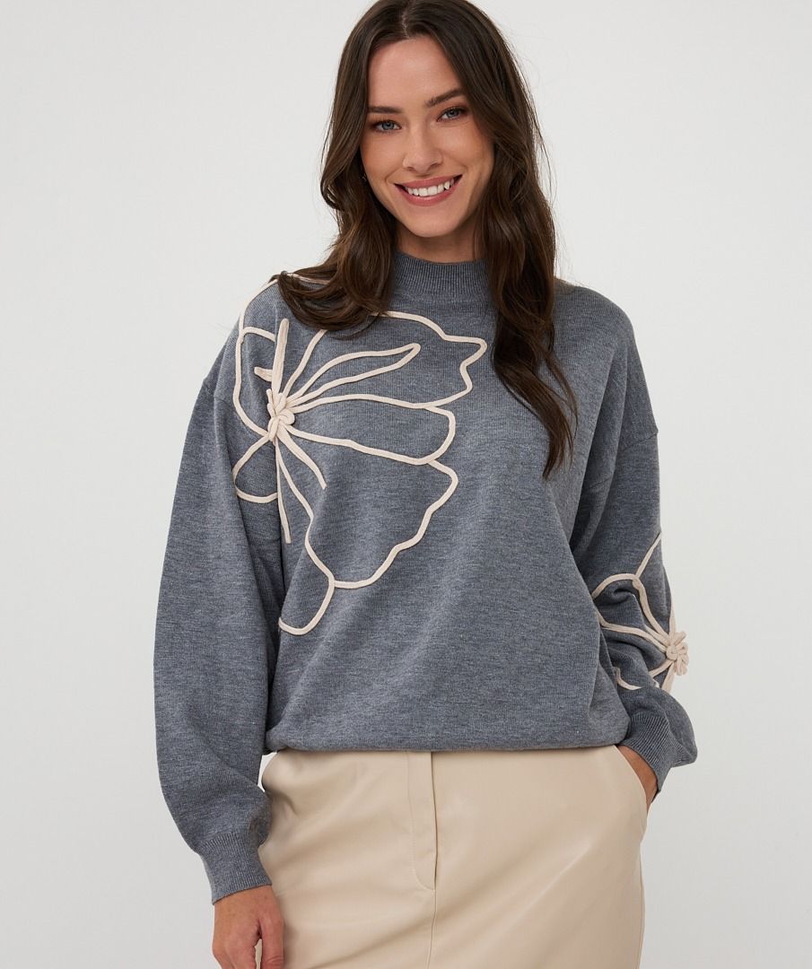 Esqualo trui grijs met 3d bloem model Sweater tape flower patch ES_F25.02505