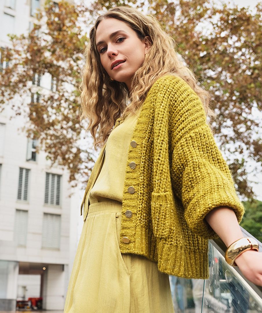 Esqualo vest groen met lurex model Oversize cardigan golden olive 